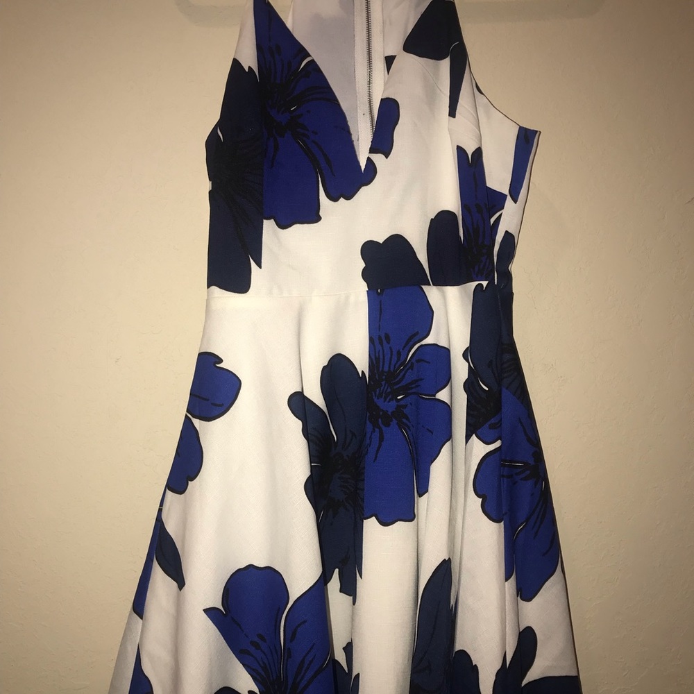 blue flower print and white dress